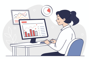 Poster - Working woman analyzing data on computer in modern office during daytime with charts and statistics displayed on the screen