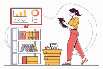 Poster - Business professional analyzing data while standing beside a bookshelf and wastebasket in a modern office setting during daytime