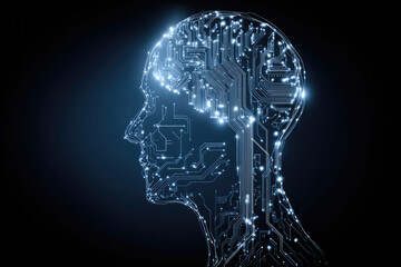 Fototapete - Electronic brain and Concept of artificial intelligence(AI).Graphic of a digital brain and Human head outline made from circuit board, connecting on a dark blue background