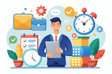 Poster - Effective time management strategies for professionals in a busy office environment with tools and tasks illustrated