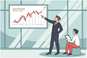 Poster - Business professional presents financial growth chart in modern office setting during daytime meeting with colleague
