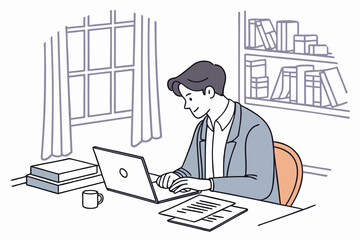 Poster - Person working diligently at a desk with a laptop in a cozy study filled with books and natural light during daytime