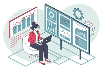Aufkleber - Data analyst working on performance metrics while seated in a modern office environment with digital displays showcasing graphs and charts displaying trends