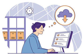 Poster - Person engaged in online research with a computer, contemplating data download amidst a backdrop of scientific elements in a bright workspace