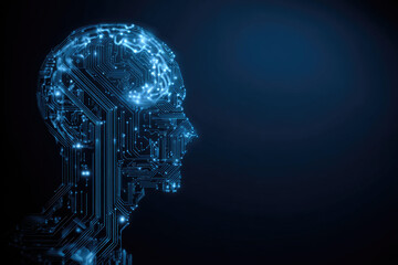 Fototapete - Electronic brain and Concept of artificial intelligence(AI).Graphic of a digital brain and Human head outline made from circuit board, connecting on a dark blue background