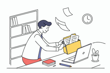 Poster - Man organizing documents in a yellow folder at a desk with a laptop and plant while a clock shows the time in a cozy office setting