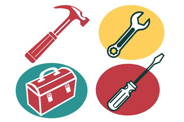 Poster - Construction tools arranged in vibrant circles showcasing hammer, wrench, toolbox, and screwdriver for DIY and repair activities