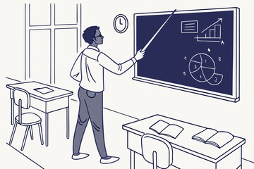 Poster - Teacher explaining math concepts to students in a classroom with a chalkboard displaying charts and diagrams during a lesson in the afternoon
