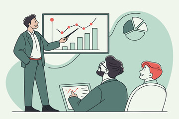 Poster - Business presentation highlighting growth trends with colleagues in a modern office setting