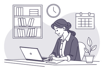 Poster - Woman working at a desk with laptop, books, and calendar in a home office setup during the day