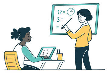 Poster - Student engaged in learning with teacher at classroom during math lesson on chalkboard, exploring problems with enthusiasm and collaboration