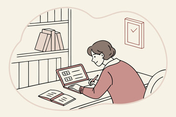Poster - Person studying at a desk with a laptop, books, and a clock in a cozy room while taking notes in a notebook