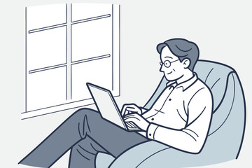 Poster - Person sitting in a cozy chair working on a laptop by the window during the day