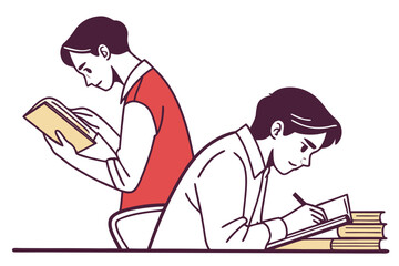 Poster - Two people reading and taking notes at a study desk, focusing on their academic work in a bright and organized environment during daylight hours