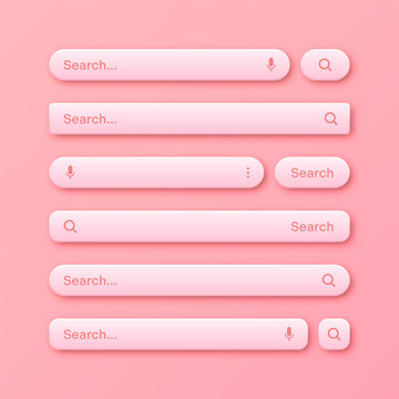 Colorful 3d search bar templates. Internet browser engine with search box, address bar and text field. UI design, website interface element with web icons and push button. Vector illustration