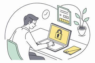 Aufkleber - Person working on laptop with security features displayed, emphasizing importance of online safety and secure access to digital information