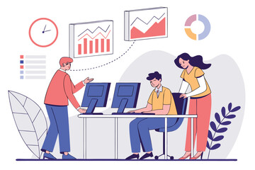 Poster - Collaboration among coworkers analyzing data and reports in a modern office environment during working hours