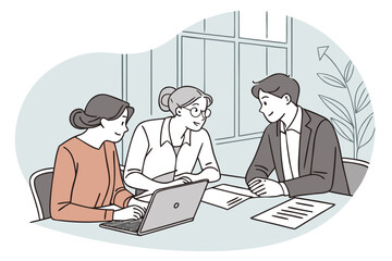 Poster - Discussion among three colleagues in a modern office setting focusing on teamwork and collaboration for a project