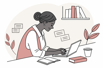 Poster - Focused woman typing on a laptop at a well-organized workspace with books and plants, showcasing productivity and creativity during daytime hours