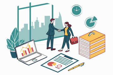 Poster - Business professionals shaking hands in an office setting during the day with city skyline in the background, conveying partnership and success in corporate environment