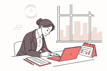 Poster - Professional woman working diligently at her desk in a modern office setting while managing tasks and scheduling