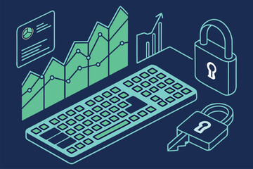 Aufkleber - Visual representation of data analysis and security concepts using keyboard, graphs, and padlocks showcasing data insights and protection measures