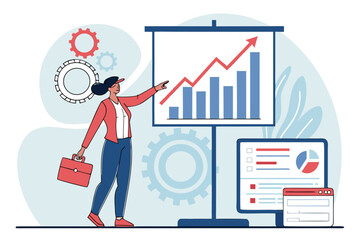 Poster - Businesswoman presenting growth statistics with a chart and digital tools in a modern workspace during a professional meeting
