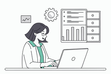 Poster - Professional woman working on laptop at desk with charts and gears representing analytics and productivity in a modern workspace environment
