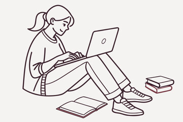 Poster - Young woman studying intently while seated on the floor, using a laptop surrounded by open books and a stack of learning materials in a cozy indoor space