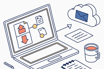Poster - Digital workspace illustrating file management and communication through cloud services, featuring a laptop, documents, and a coffee cup