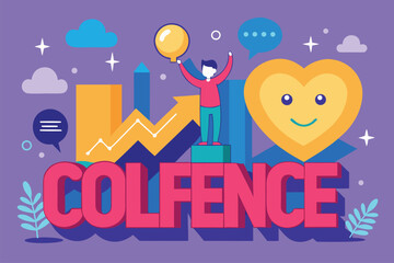 Poster - Person celebrating achievement with raised hands and balloon against colorful background featuring graph and heart symbol, illustrating confidence and positivity in a creative design