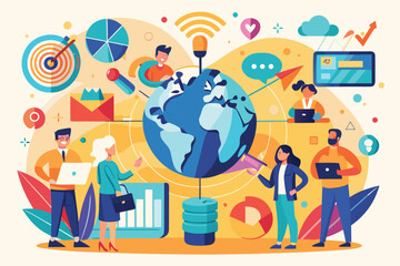 Poster - Group of diverse professionals collaborating on a global project with technology, data charts, and communication tools in a colorful illustration