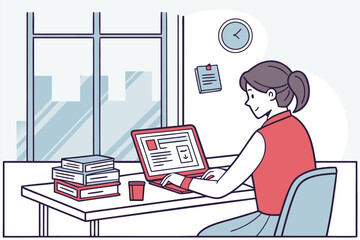 Poster - Individual working on a laptop at a desk with books, coffee cup, and window view of a city skyline in a bright, organized workspace during daytime