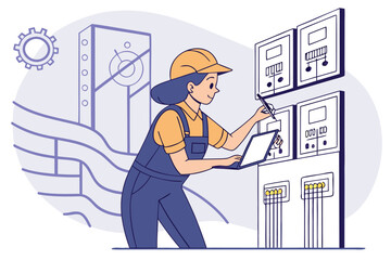 Aufkleber - Technician performing maintenance on electrical control panels in an industrial setting during the day