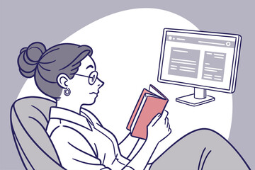 Poster - Adult woman reading a book while sitting comfortably near a computer screen in a cozy indoor setting