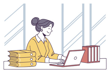 Poster - Woman working at a desk with files and a laptop in a bright office setting during daylight hours