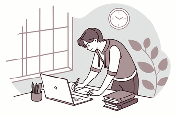 Poster - Person studying at a desk with a laptop, notebooks, and books while a clock shows afternoon time