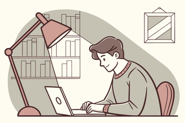 Poster - Young man focused on laptop while working in cozy home office with bookshelf and desk lamp in warm light at evening