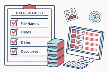 Aufkleber - Data checklist with computer setup and organizational elements for efficient file management