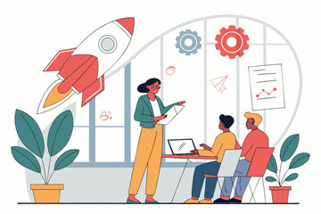Poster - Team collaboration in a modern workspace with a woman presenting ideas and rocket illustration promoting innovation