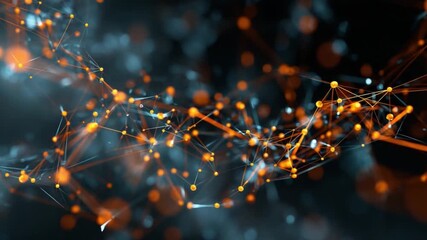 Poster - Digital Network Abstract: An abstract, intricately interconnected network of glowing orange nodes and lines, pulsating with energy against a blurred, dark background.