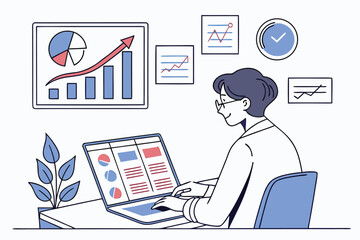Poster - Professional analyzing data and creating reports in a modern office environment using a laptop, with charts and graphs displayed on the wall