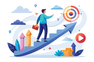 Poster - Illustration of a business professional walking upward on a staircase toward a target, representing goal achievement and career progress