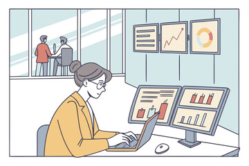Poster - Woman working at a desk with multiple monitors displaying graphs and charts in an office setting while colleagues collaborate in the background during business hours