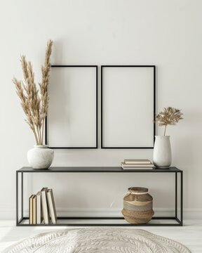 Two black frames above a console table with a vase of dried flowers. a woven basket. and a stack of books. set against a white wall with a rug underneath