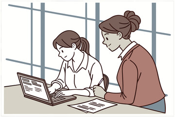Poster - Two women collaborating on a laptop in a modern office setting during daytime, engaging in a productive work discussion at a shared workspace