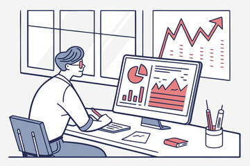 Poster - Professional working on data analysis with charts and graphs displayed on computer screen in modern office environment during the day