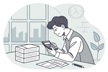 Poster - Man calculating financial data with a calculator at a workspace surrounded by boxes and urban backdrop in a modern office setting