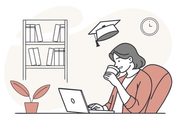 Aufkleber - Student works on a laptop while enjoying a beverage in a study area surrounded by books and a graduation cap above