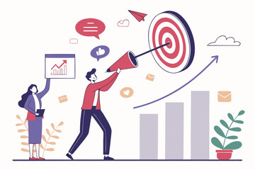 Poster - Business professionals engaging in target setting and achievement, using a bullseye, charts, and growth indicators during a strategy meeting focused on performance improvement
